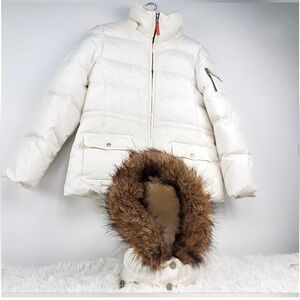 Marc New York White Puffer Down Jacket with Removable Faux Fur Hood